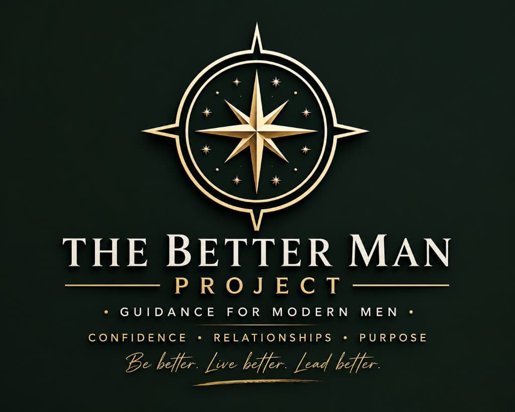 The Better Man Project brand lockup — gold compass logo above the name and tagline Guidance for Modern Men on a navy textured background